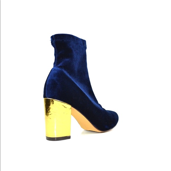Gold Heel Pointy Toe Velvet Sock Ankle Booties - Picture 4 of 5
